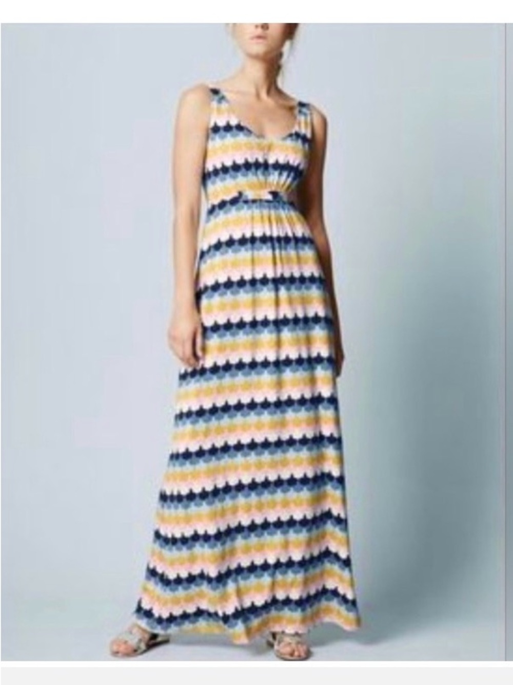 Boden Striped Scallop-Print Maxi Dress in Blue, Yellow & Pink
